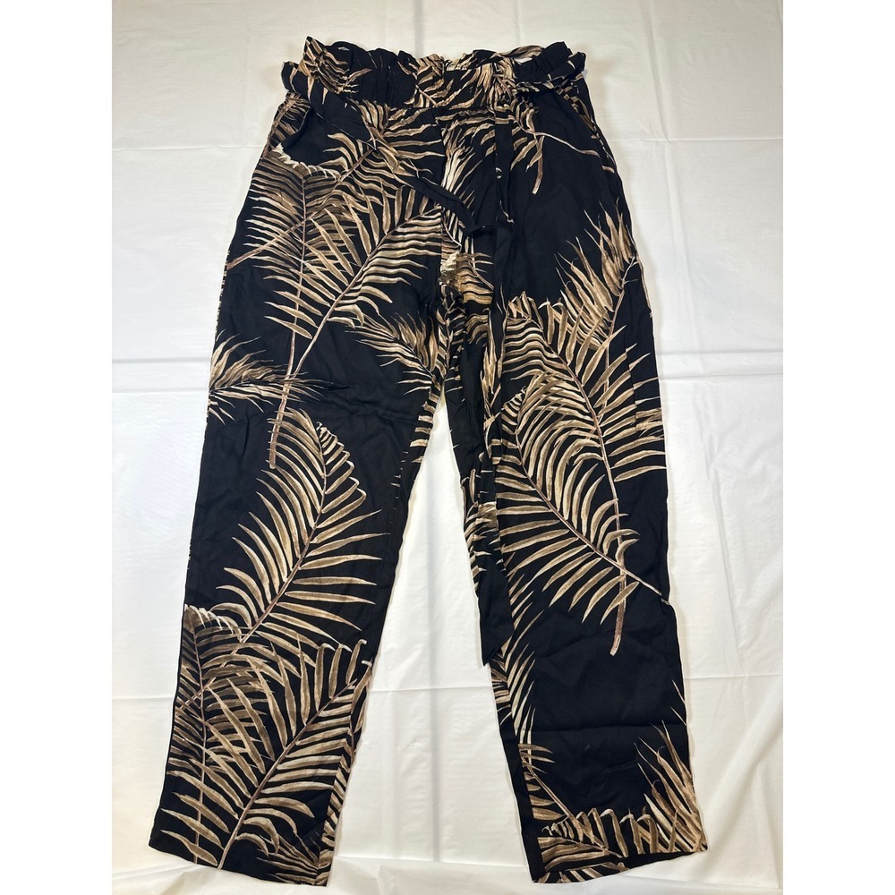 HM Tropical Palm Leaf Paperbag Waist Pants Black Tan Viscose Straight Leg Sz 10